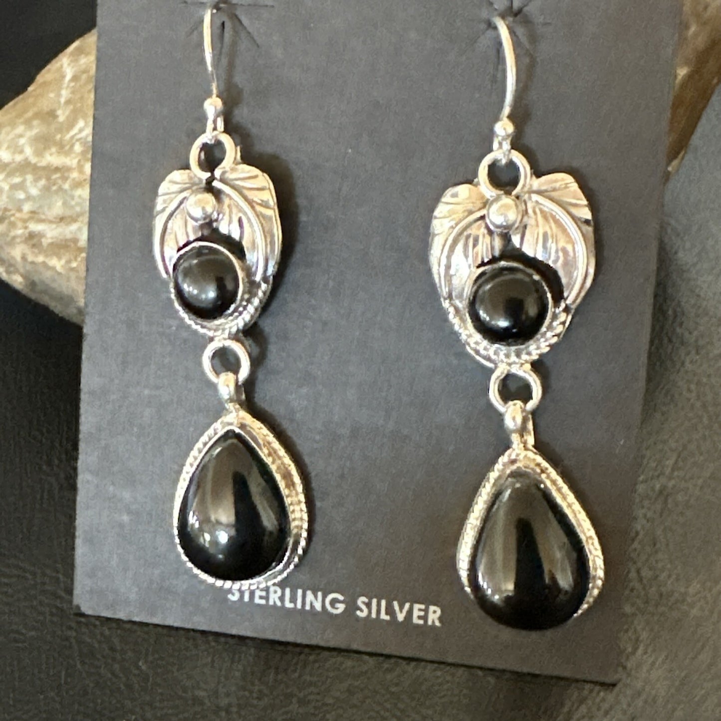 Black Onyx Navajo Sterling Silver Dangle Earrings 1.5" 18287