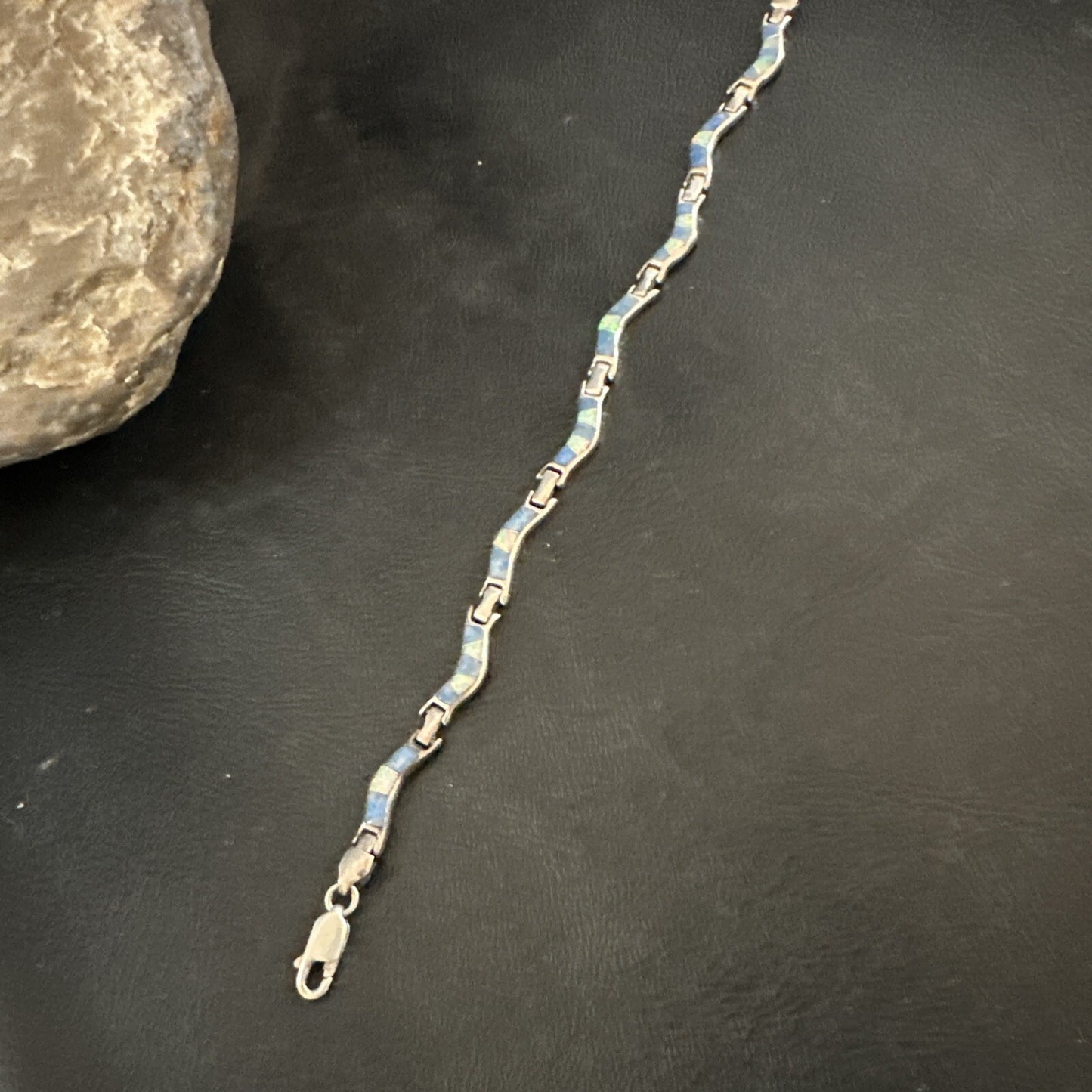 Native Womens Blue Opal Lapis Inlay Link Bracelet 7" Sterling Silver 17726