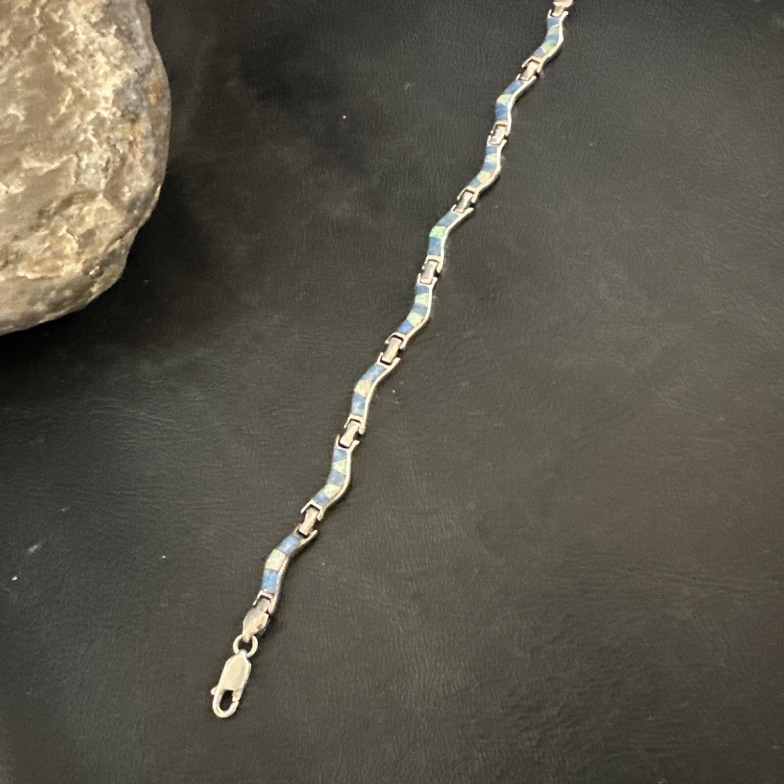 Native Womens Blue Opal Lapis Inlay Link Bracelet 7" Sterling Silver 17726