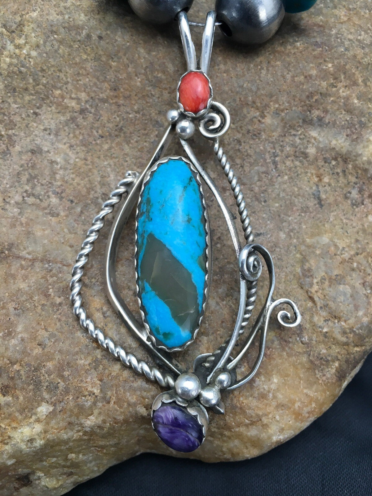 Kingman Turquoise & Spiny Oyster Pendant Navajo Sterling Silver Necklace 02637