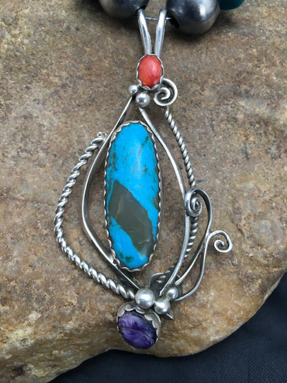 Kingman Turquoise & Spiny Oyster Pendant Navajo Sterling Silver Necklace 02637