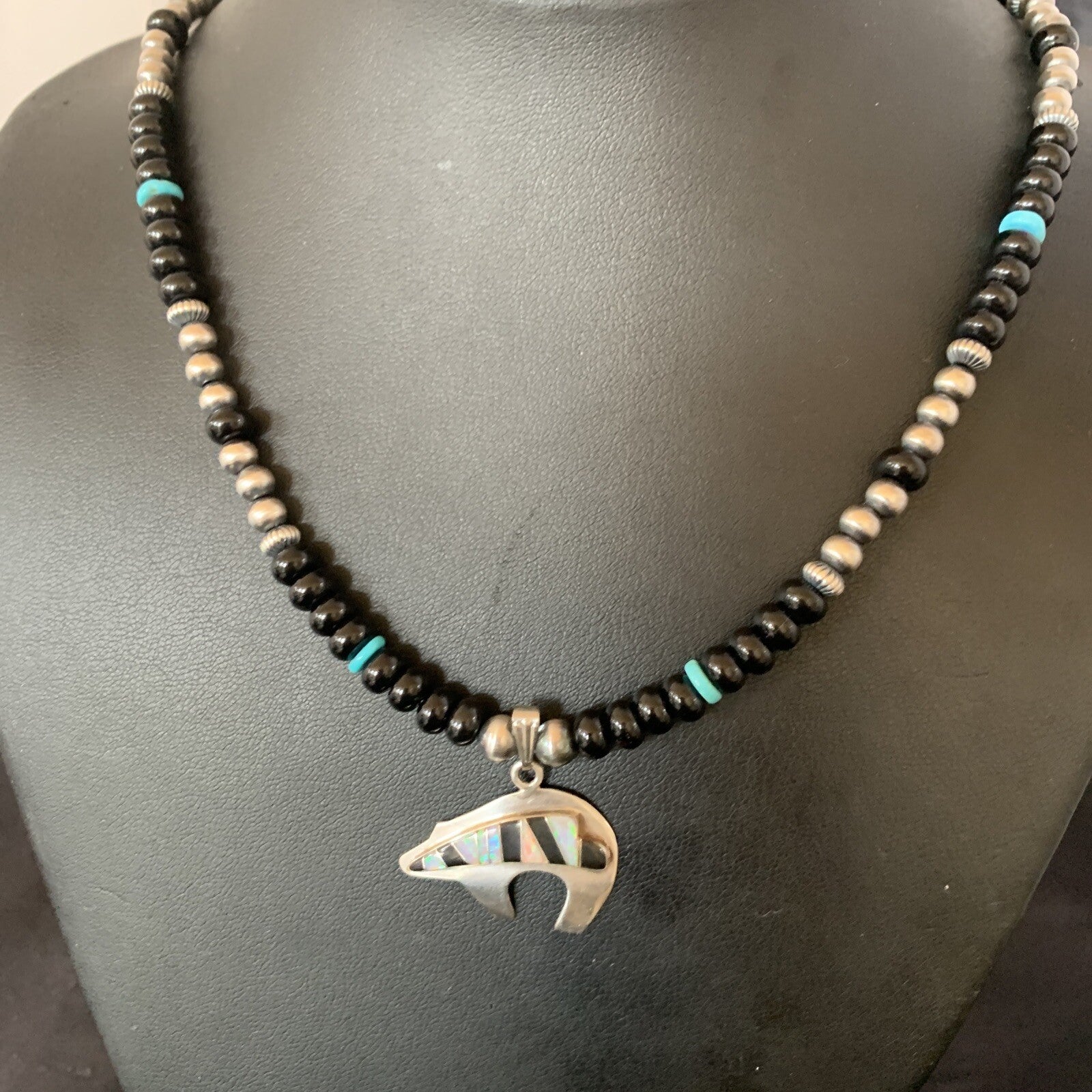 Turquoise Opal Inlay Pendant Black Onyx Navajo Sterling Silver Necklace 12688