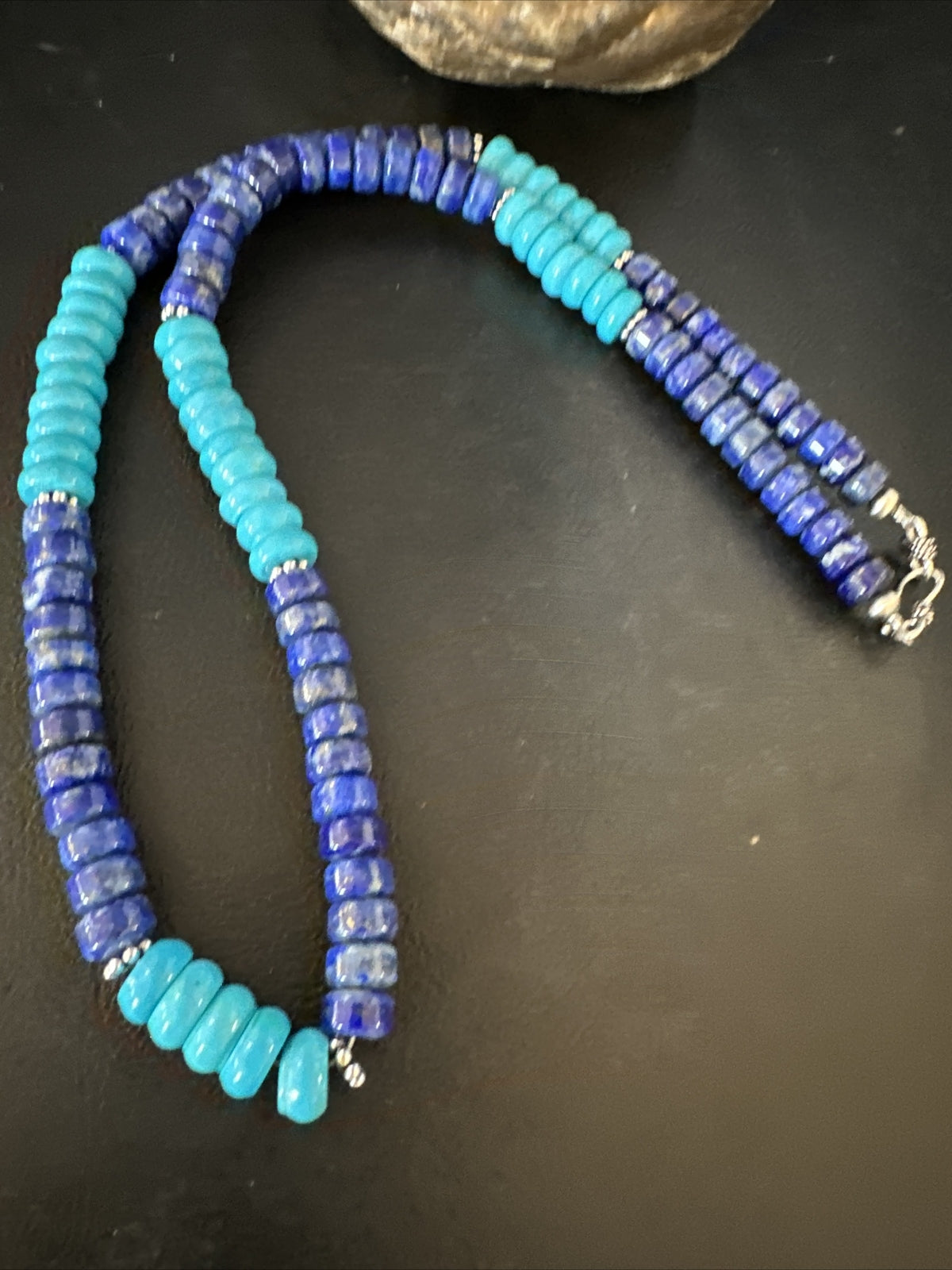 Mens Navajo Beads Lapis Sterling Silver Necklace Turquoise 23” 14941