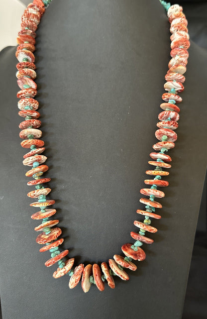Red Spiny Oyster  Blue Turquoise Navajo Sterling Silver Necklace 28" 19718