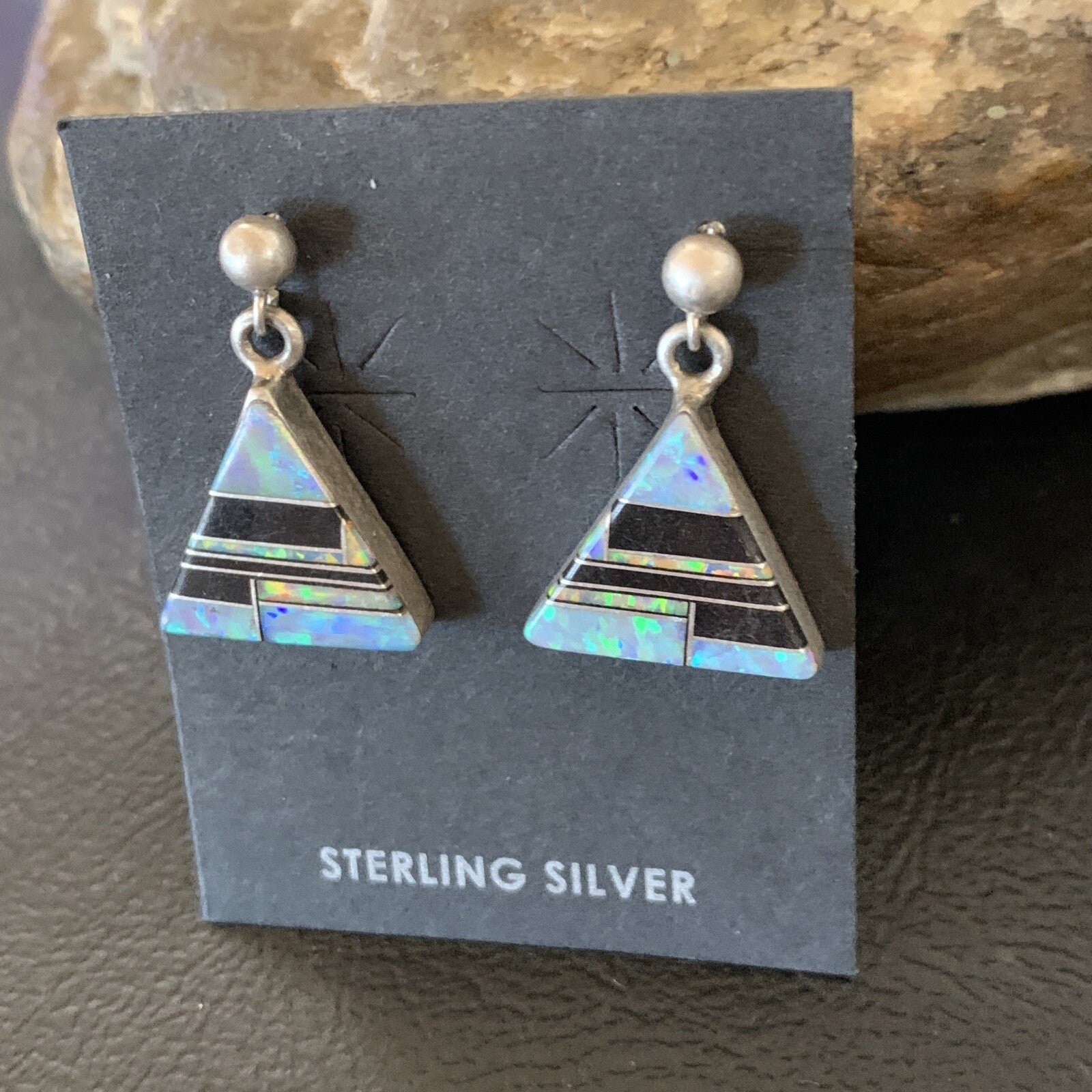 Womens Blue Opal & Black Onyx Inlay Navajo Sterling Silver Earrings 12781