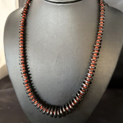 Navajo Bamboo Coral Black Onyx Necklace Sterling Silver 20" 14432