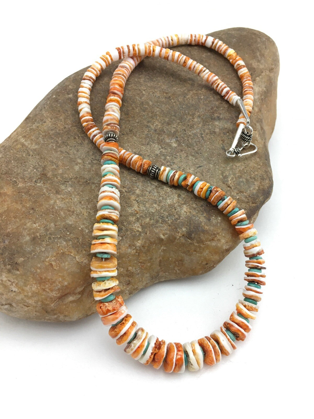 Native Spiny Oyster Graduated Navajo Sterling Silver Necklace 21" 04771