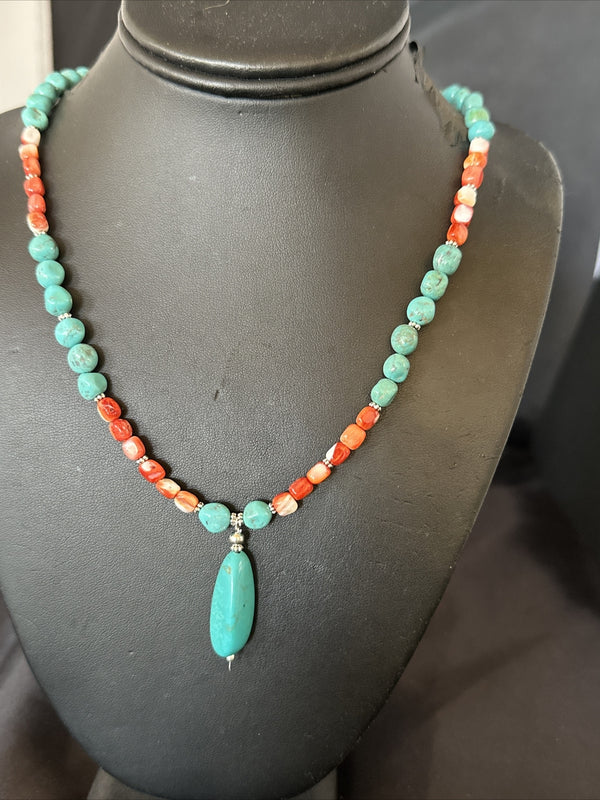 Red Spiny Oyster Blue Turquoise Navajo Necklace | Sterling Silver | Authentic Native American Handmade | 17954