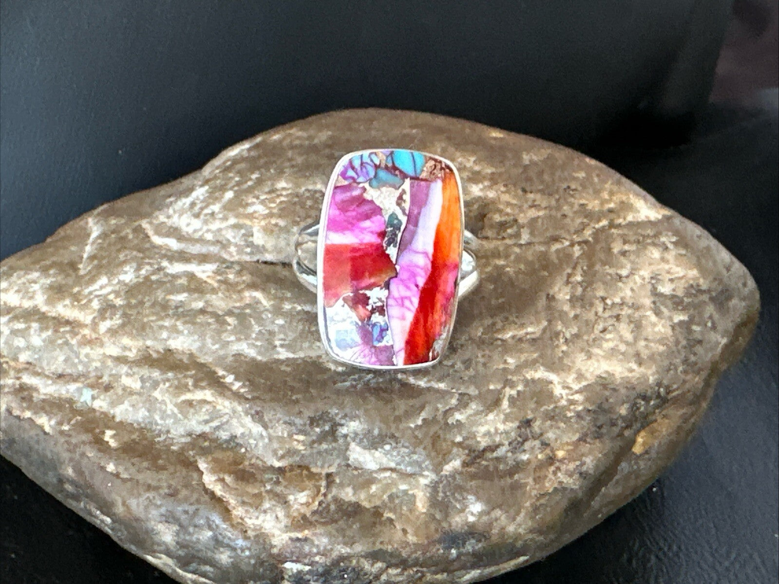Blue Turquoise Spiny Oyster Southwestern Sterling Silver Ring Size 9 18543