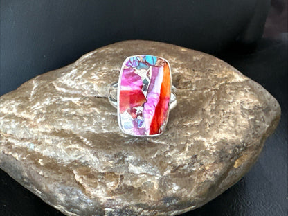 Blue Turquoise Spiny Oyster Southwestern Sterling Silver Ring Size 9 18543