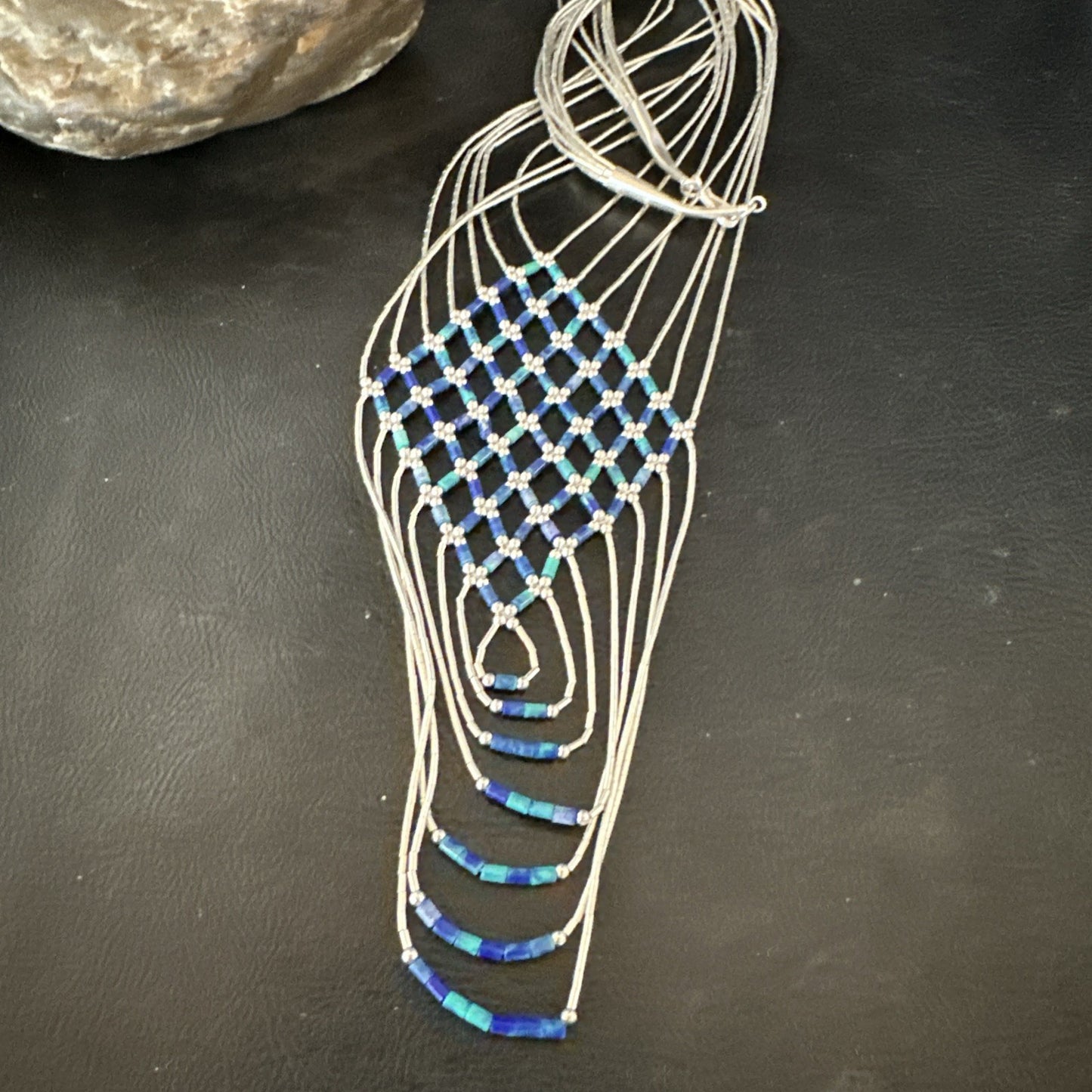 Azurite Heishi Tubes Pendant 7 Strand Liquid Sterling Silver Necklace 19751
