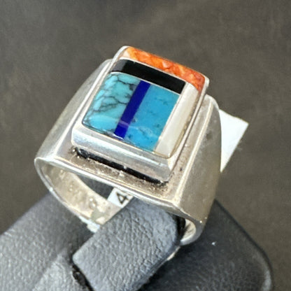 MultiColor Navajo Sterling Turquoise Spiny Oyster Inlay Ring Sz 7.5 18711