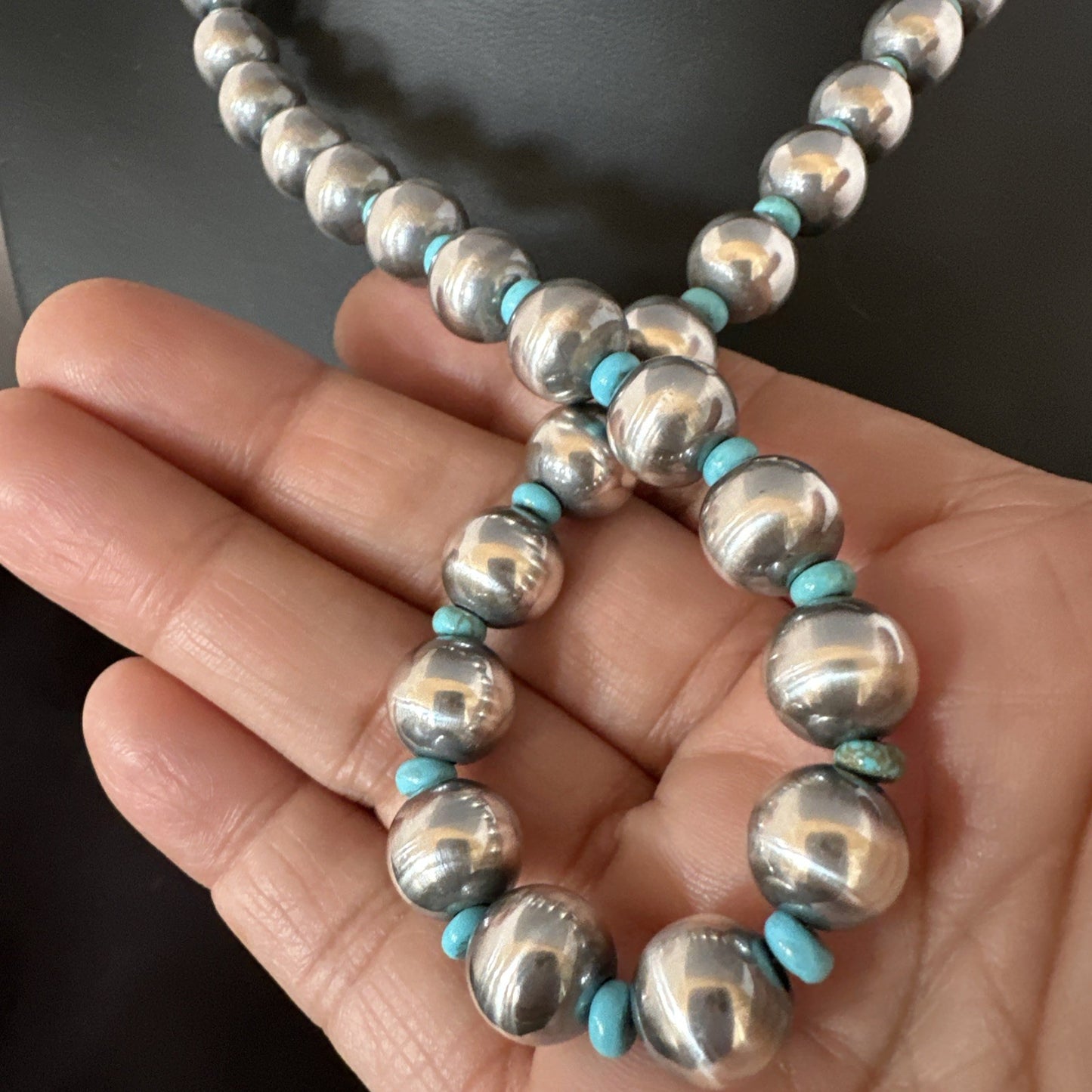 Blue Turquoise 10mm Round Sterling Silver Beads Necklace 20” 92407