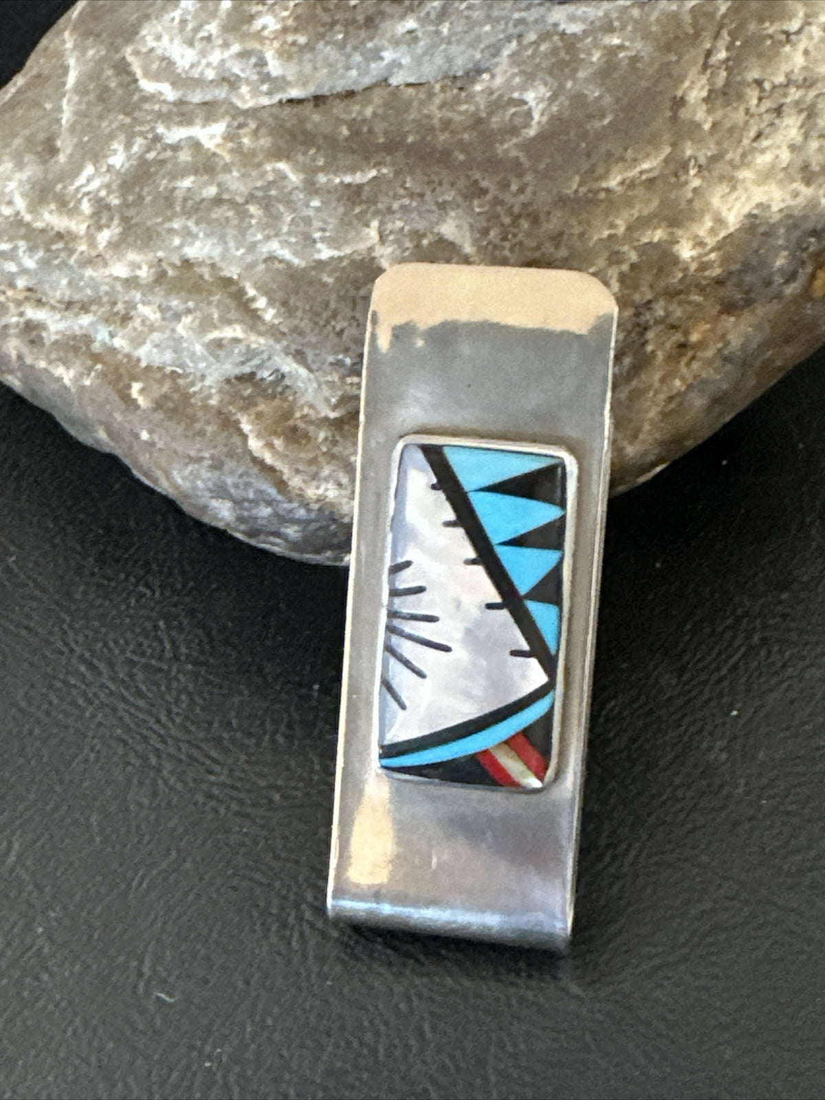 A Zuni Mens Turquoise Spiny Inlay Stainless Sterling Silver Money Clip 17834