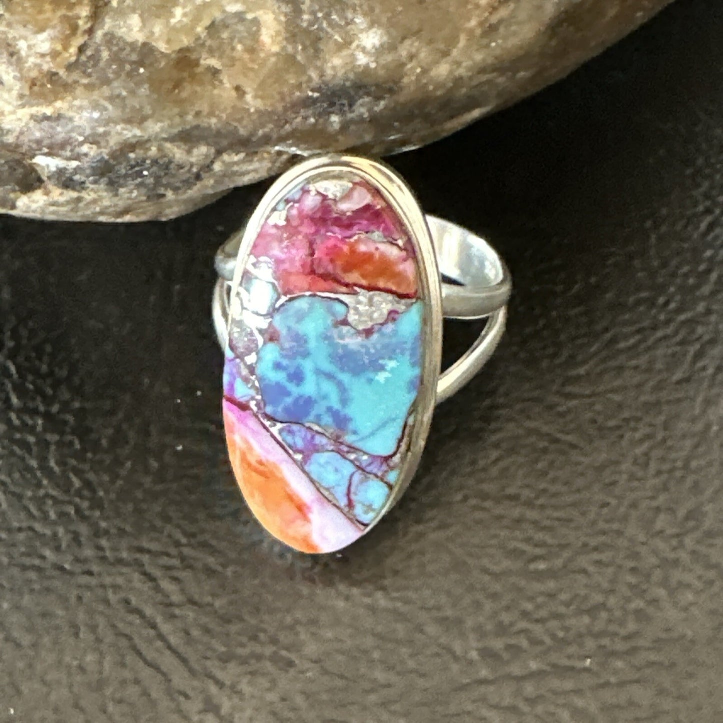 Blue Turquoise Spiny Oyster Southwestern Sterling Silver Ring Size 7 18496
