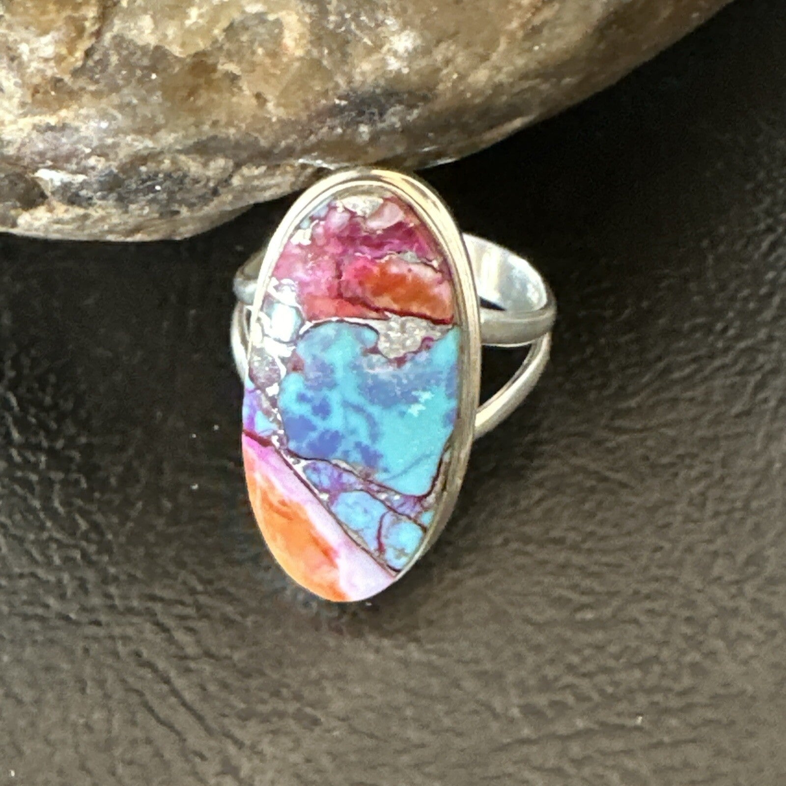 Blue Turquoise Spiny Oyster Southwestern Sterling Silver Ring Size 7 18496