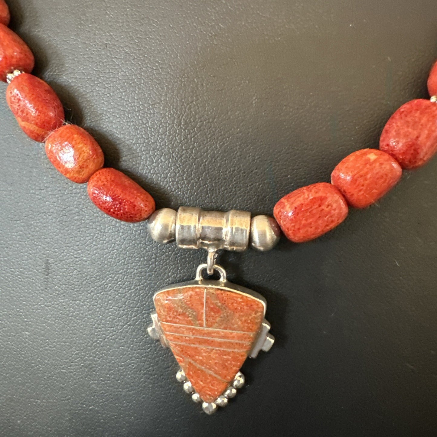 Navajo Apple Sponge Coral Sterling Silver Necklace Inlay Pendant 21” 18685