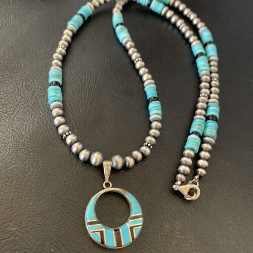 Blue Turquoise Inlay Pendant Navajo Pearls Sterling Silver Necklace 12615