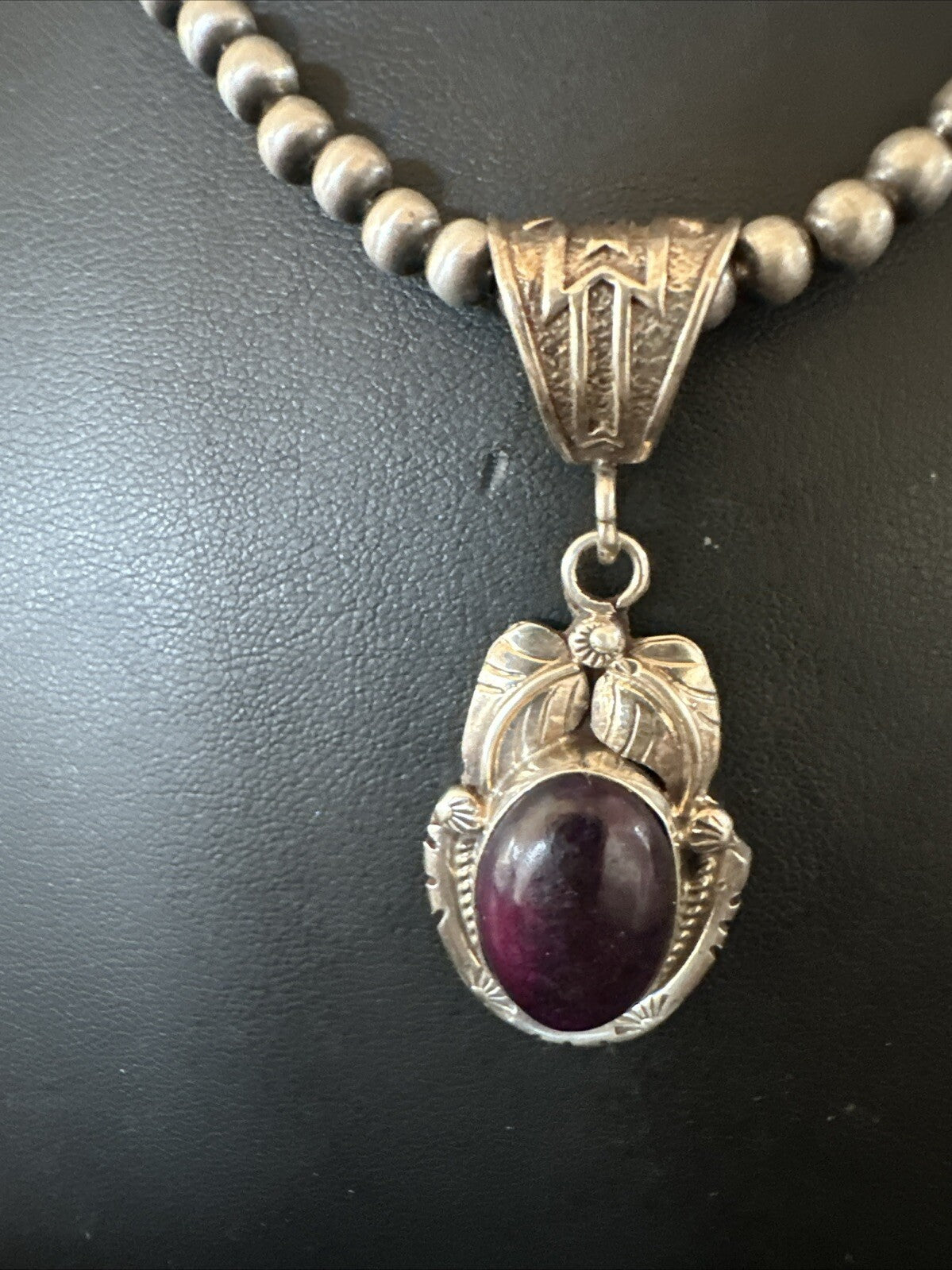 Purple Stone Pendant Navajo Pearls Sterling Silver Necklace 20” 18392