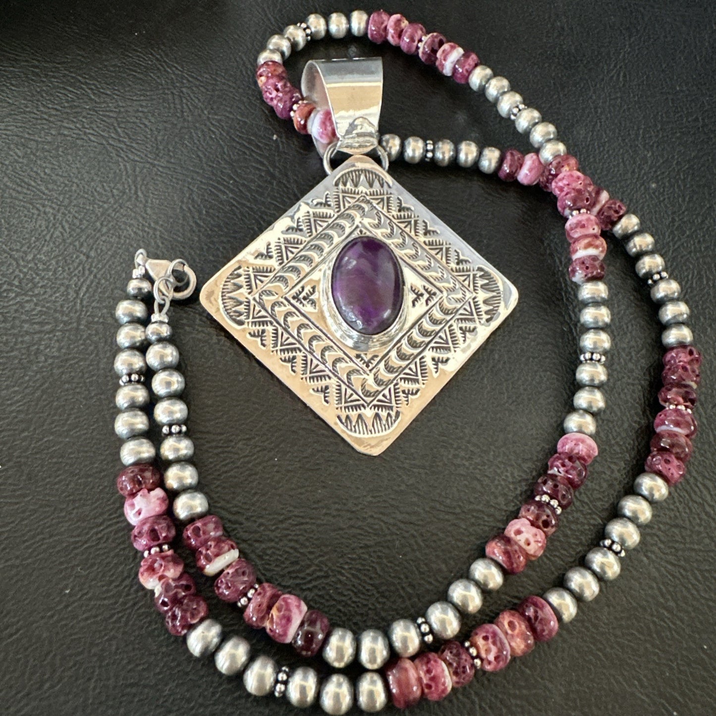 H Joe Purple Spiny Oyster Pendant Navajo Sterling Silver Necklace 19483