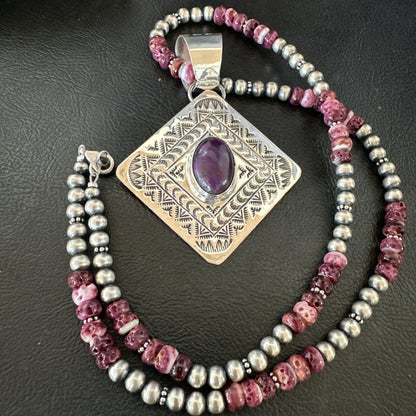 H Joe Purple Spiny Oyster Pendant Navajo Sterling Silver Necklace 19483