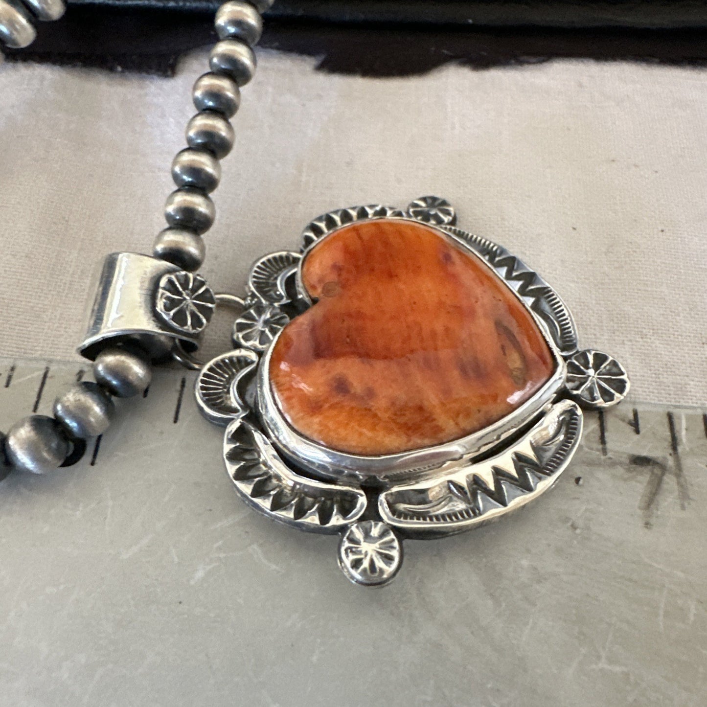 H Joe Orange Spiny Oyster Heart Pendant Navajo Sterling Silver Necklace 19482