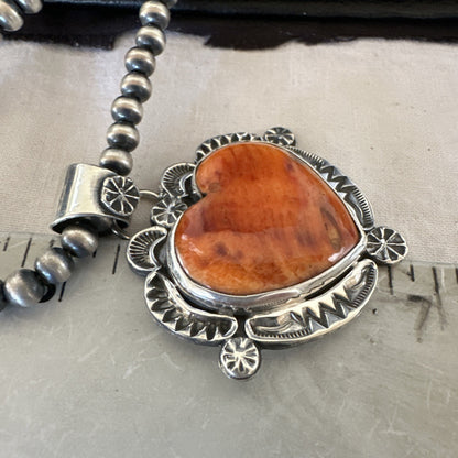 H Joe Orange Spiny Oyster Heart Pendant Navajo Sterling Silver Necklace 19482