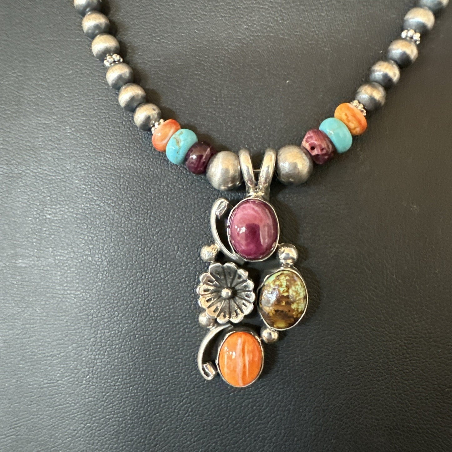 Multicolor Turquoise Spiny Navajo Sterling Silver Cluster Pendant Necklace 19640