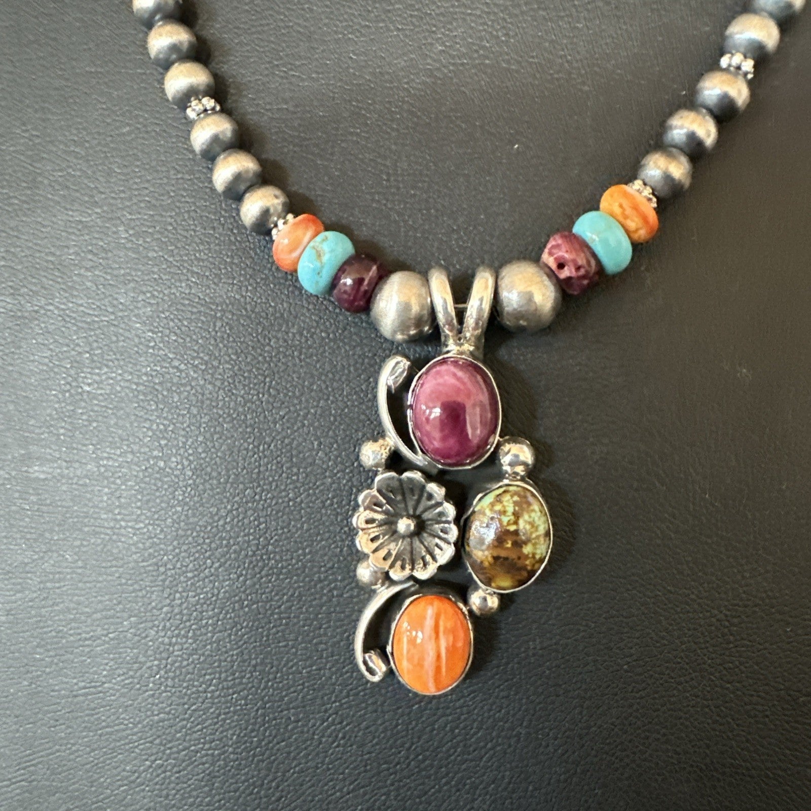 Multicolor Turquoise Spiny Navajo Sterling Silver Cluster Pendant Necklace 19640