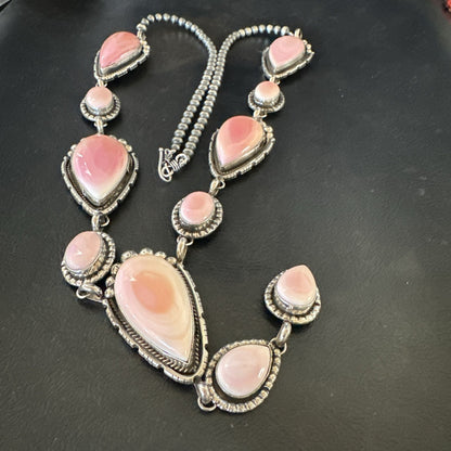 Pink Queen Conch Lariat Necklace Navajo Sterling Silver Pendant 28" 19334