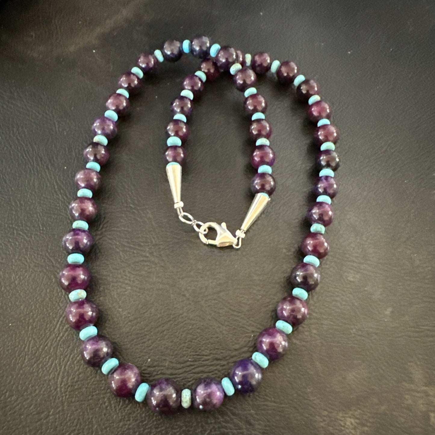 Purple Stone Blue Turquoise Bead Navajo Sterling Silver Necklace 18” 17788