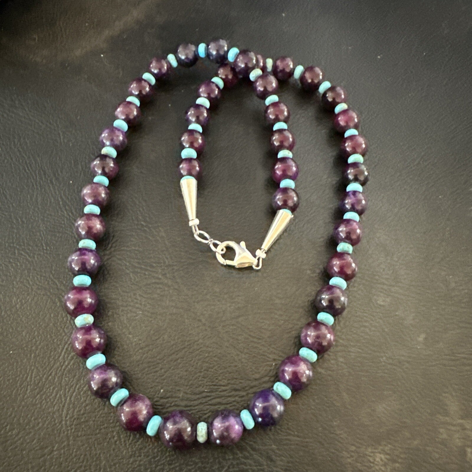 Purple Stone Blue Turquoise Bead Navajo Sterling Silver Necklace 18” 17788