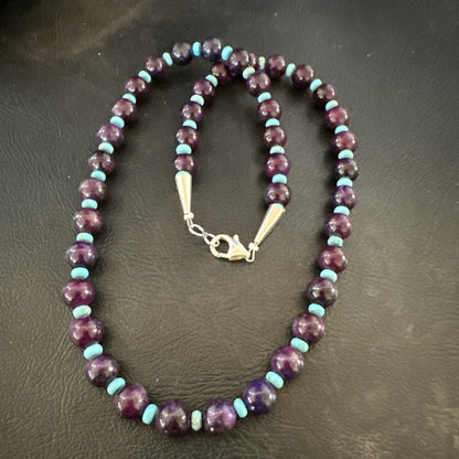 Purple Stone Blue Turquoise Bead Navajo Sterling Silver Necklace 18” 17788