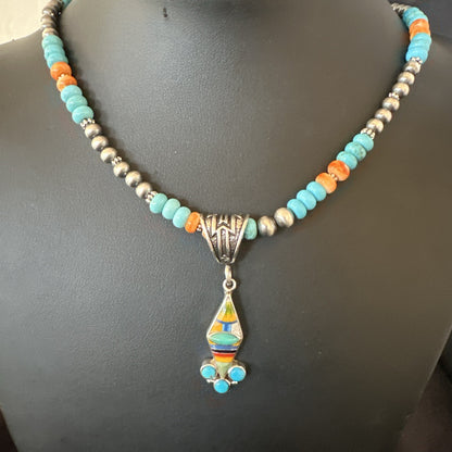 Multicolor Turquoise Pendant Navajo Sterling Silver Beads Necklace 18730