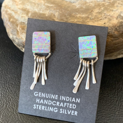 Blue Opal Inlay Navajo Sterling Silver Dangle Post Earrings 0.5" 12754