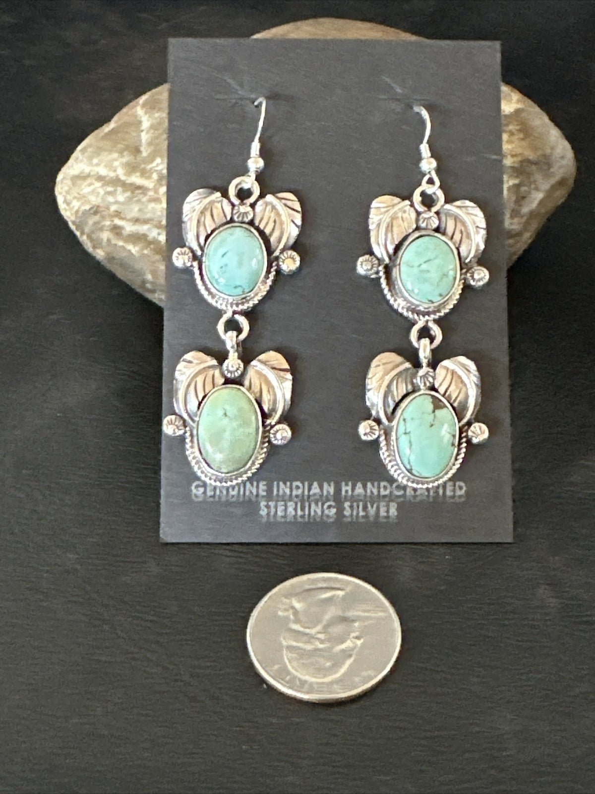 Native Navajo Blue Creek Turquoise Sterling Silver Dangle Earrings 2” 17918