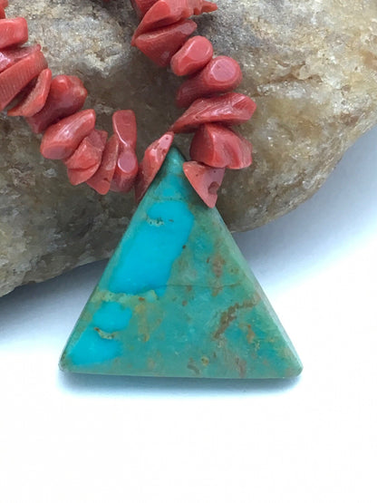 Kingman Turquoise Pendant Coral Sterling Silver Old Pawn Necklace 19" 4008
