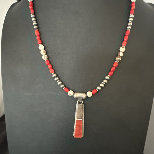Multicolor Wild Horse Coral Navajo Inlay Pendant Necklace | Sterling Silver | Authentic Native American Handmade | 19658