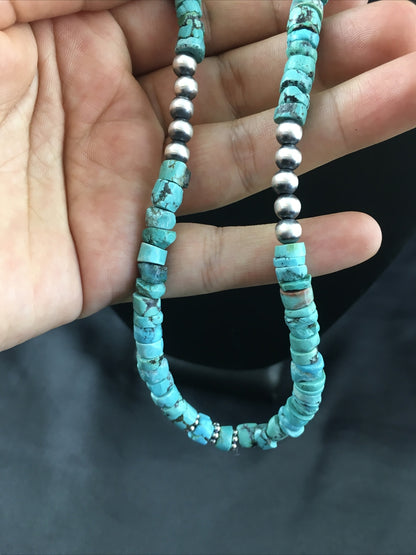 Blue Turquoise 7mm Heishi Bead Navajo Sterling Silver Necklace 1498
