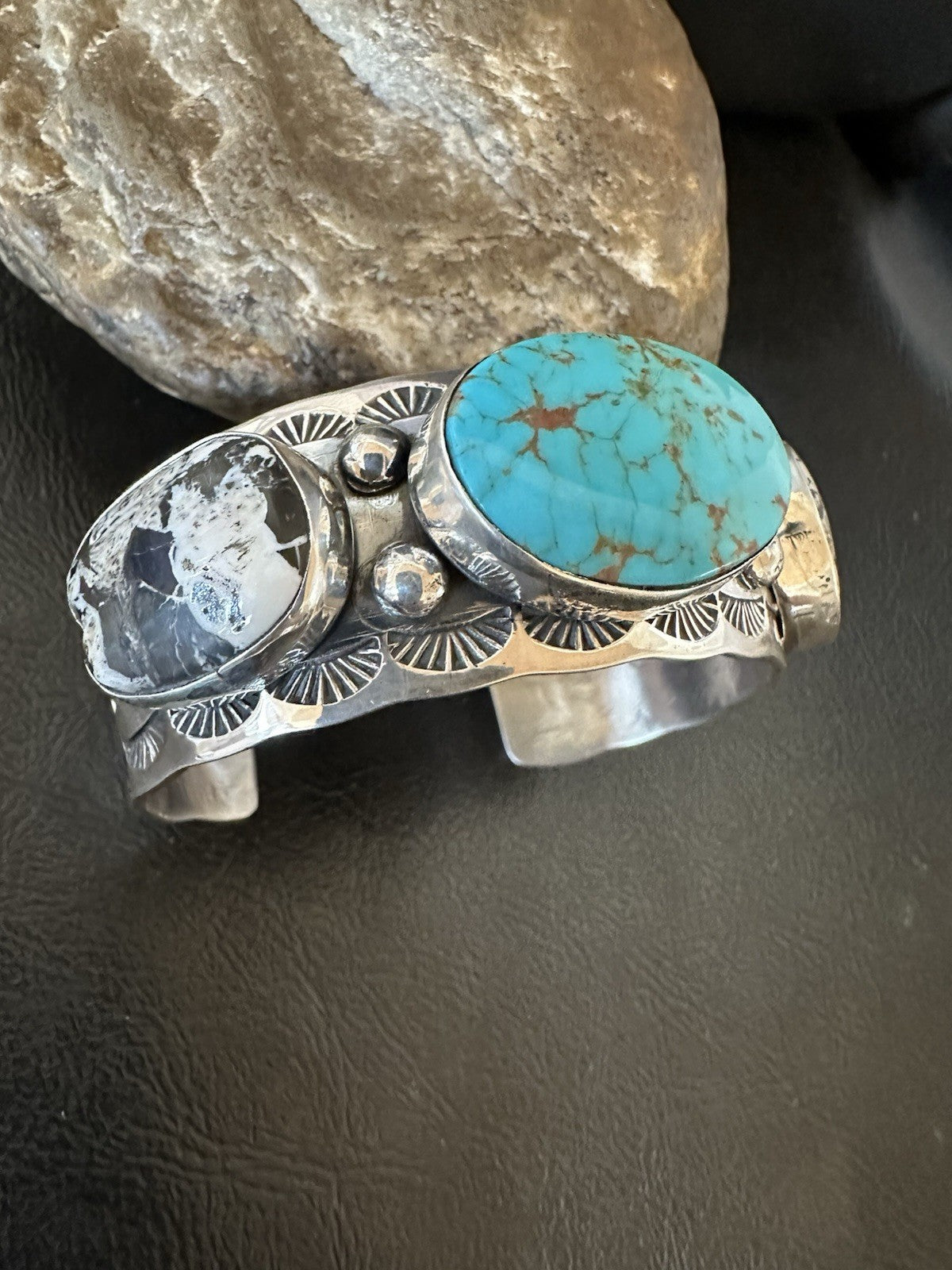 Men White Buffalo Blue Turquoise Navajo Sterling Silver Cuff Bracelet 7.3" 19429