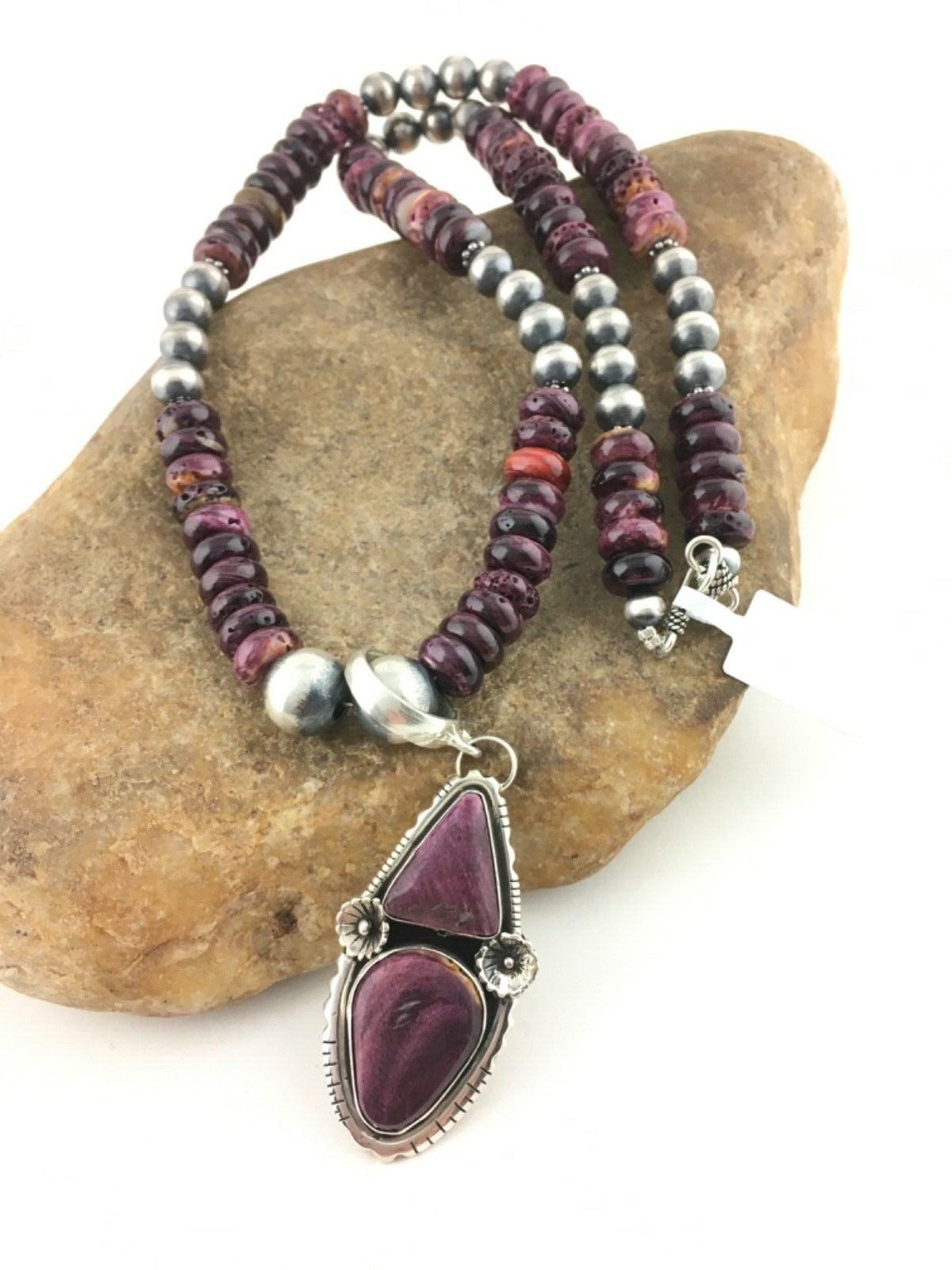 Purple Spiny Oyster Pendant Navajo Sterling Silver Beads Necklace 08175