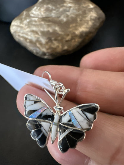 White Buffalo Turquoise Opal Onyx Sterling Silver ButterFly Earrings 18553