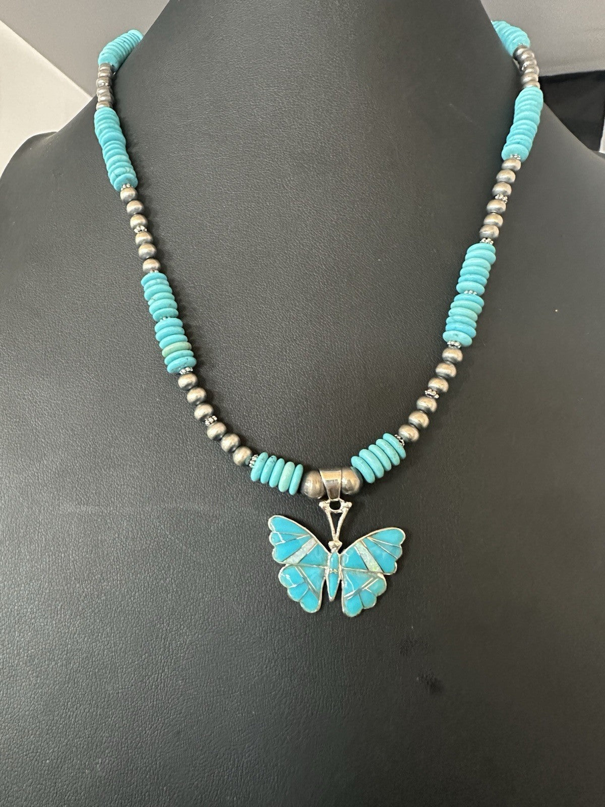 Butterfly Blue Turquoise Opal Pendant Navajo Sterling Silver Necklace 19511