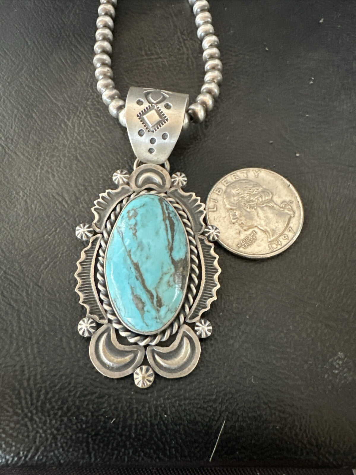 Mens Womens Blue Turquoise Pendant Sterling Silver Beads Sterling Necklace 18649