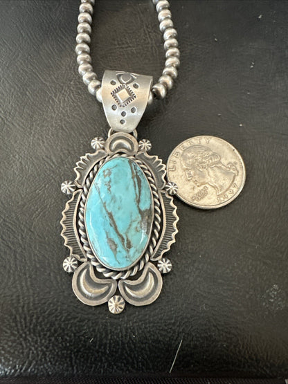 Mens Womens Blue Turquoise Pendant Sterling Silver Beads Sterling Necklace 18649