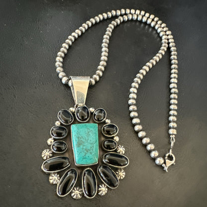 Womens Black Onyx Blue Turquoise Pendant Navajo Sterling Silver Necklace 18401