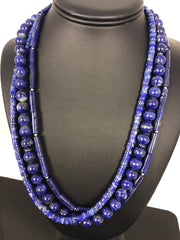 Denim Lapis 3 Strands Navajo Necklace 22" | Sterling Silver | Authentic Native American Handmade | 03666