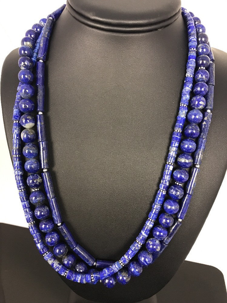 Denim Lapis 3 Strands Navajo Sterling Silver Necklace 22" 03666