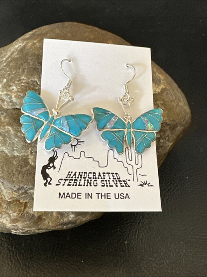 Butterfly Blue Turquoise Opal Inlay Sterling Silver Dangle Earrings 19137