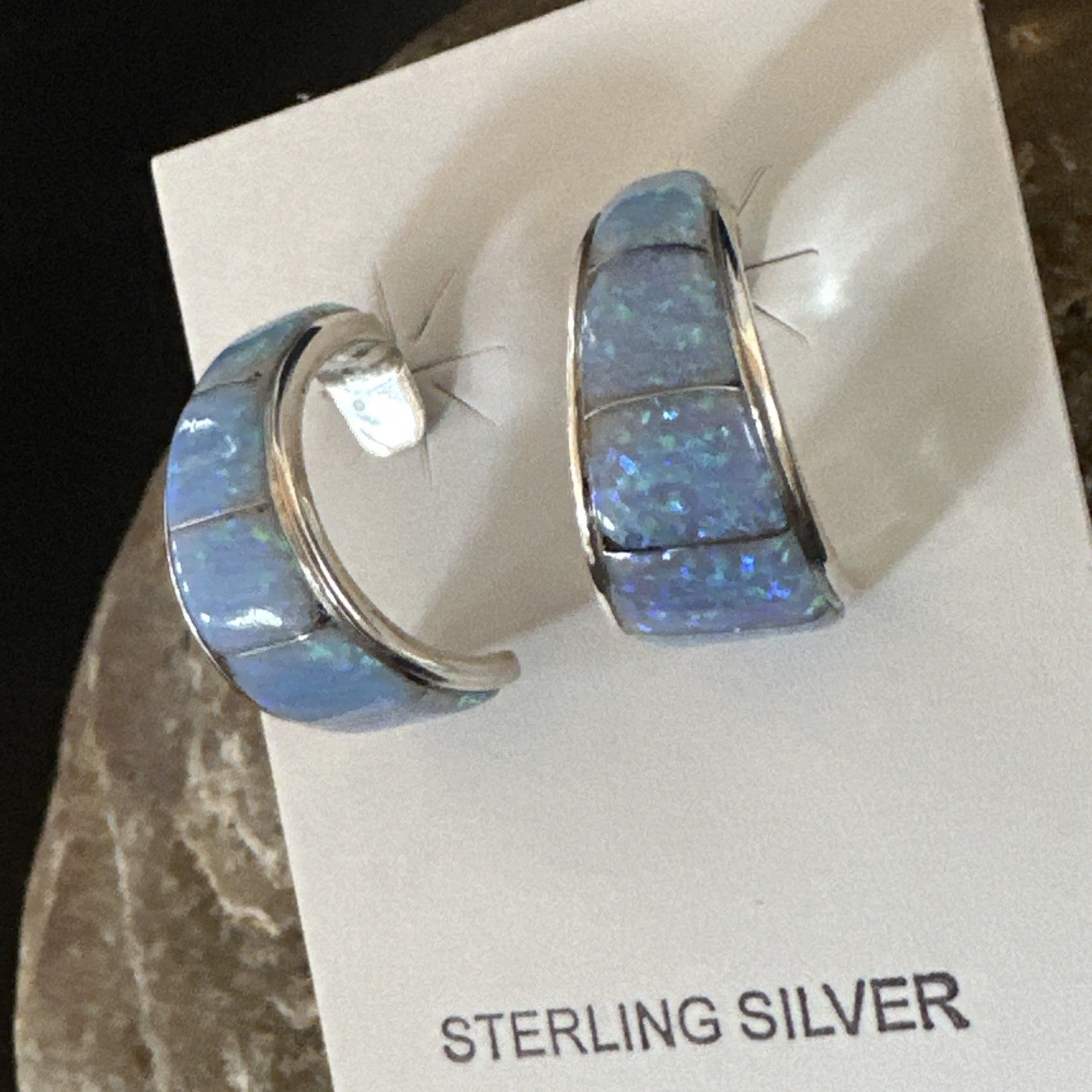 Blue Faux Opal Stud Inlay Navajo Sterling Silver Earrings 19261